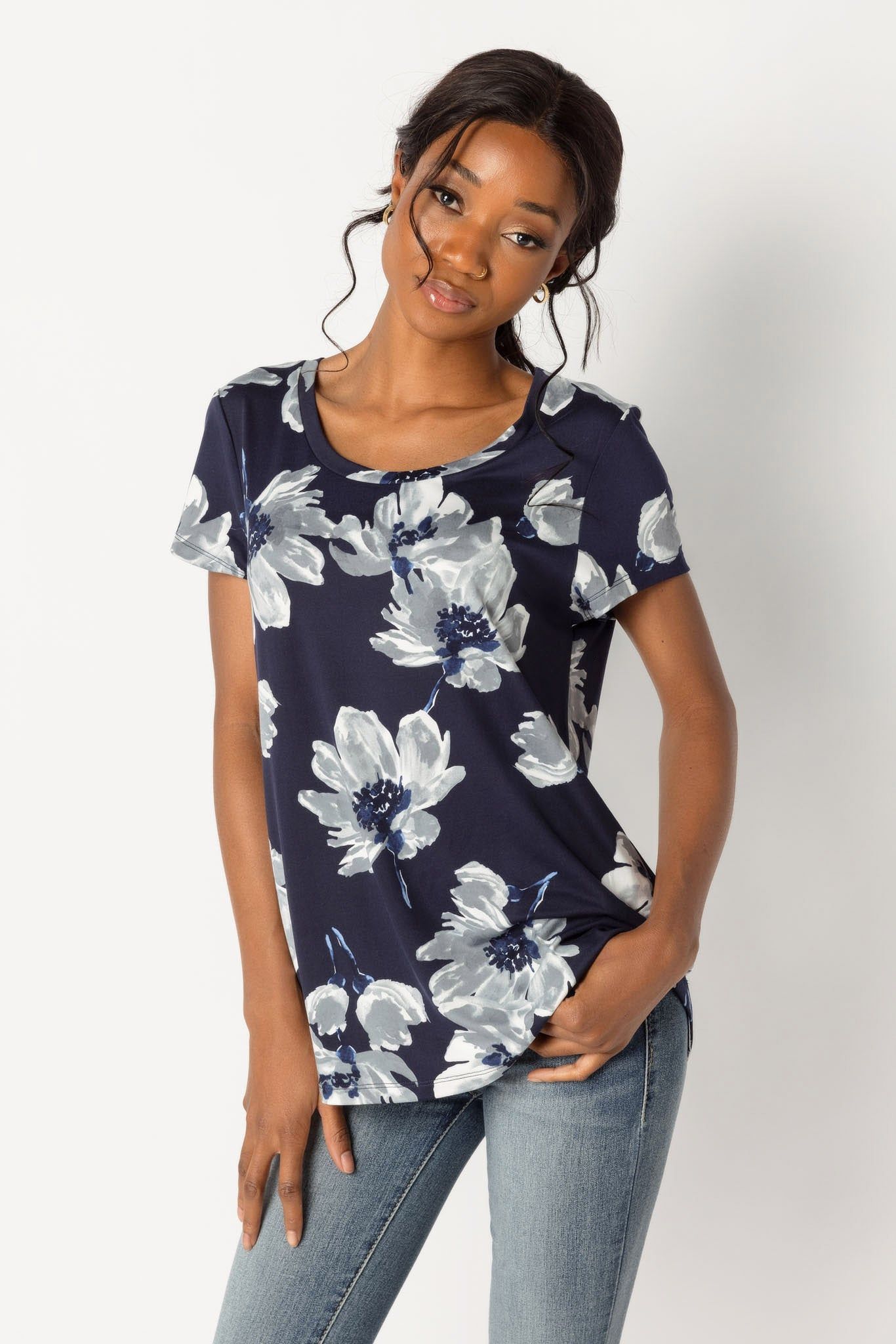 Navy Floral Scoop Neck T-Shirt sold by Eclipse