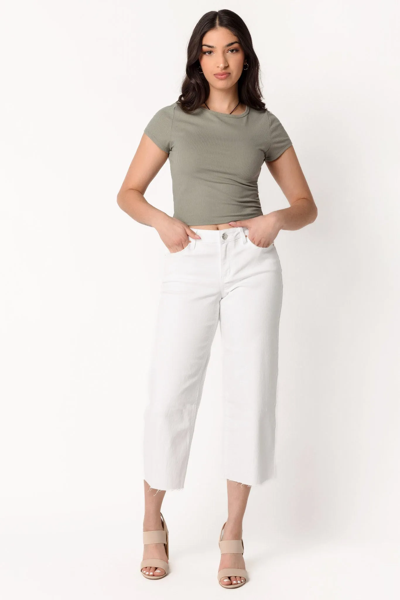 YMI White Wide-Leg Cropped Jean with Raw Hem sold by Eclipse