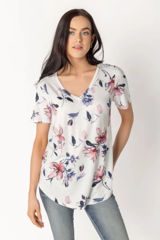 Ivory Floral Short Sleeve V-Neck sold by Eclipse