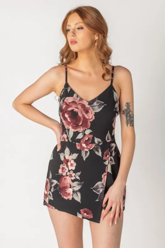Floral Scuba Crepe Spaghetti Strap Skort Romper sold by Eclipse