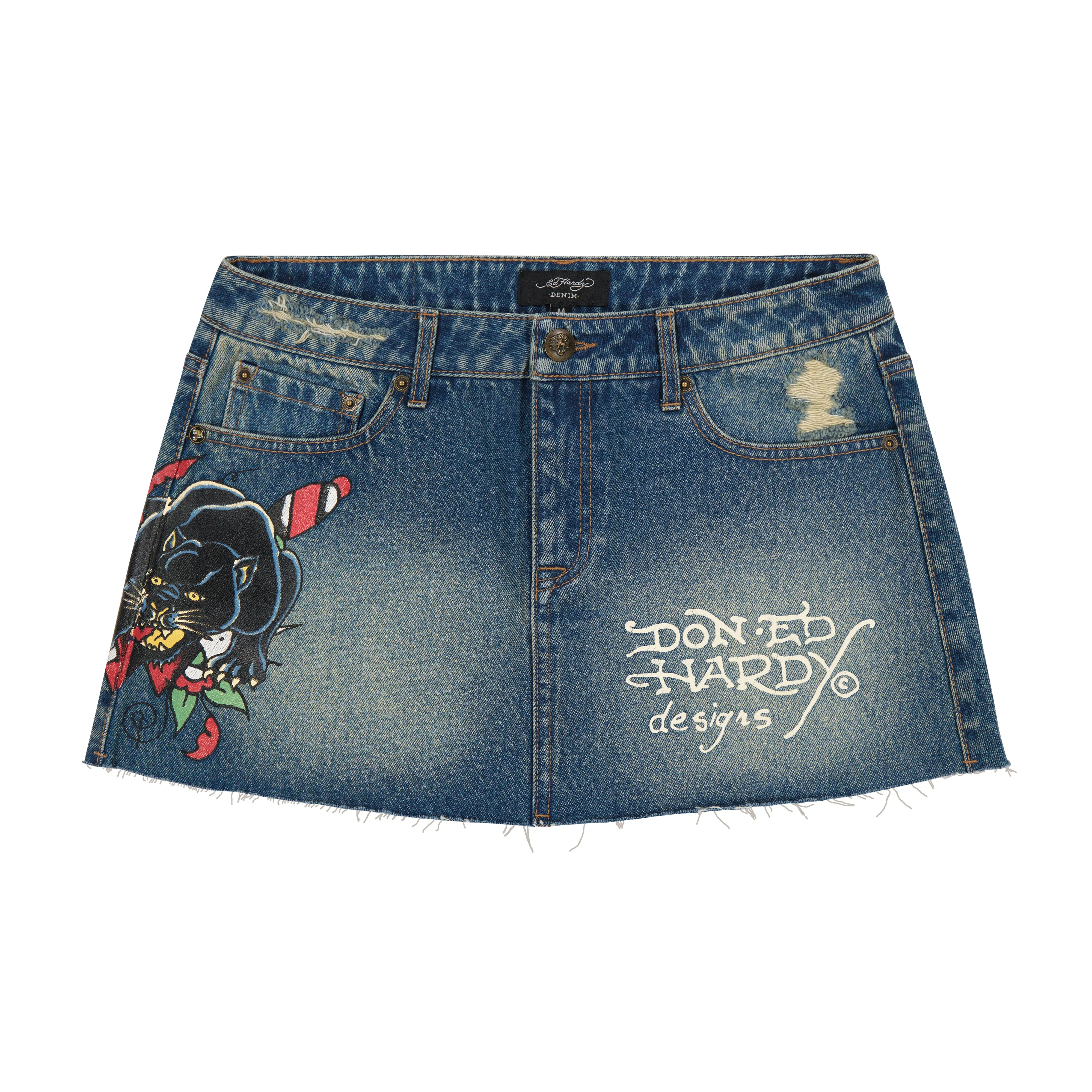Panther Dagger Denim Mini Skirt sold by Ed Hardy