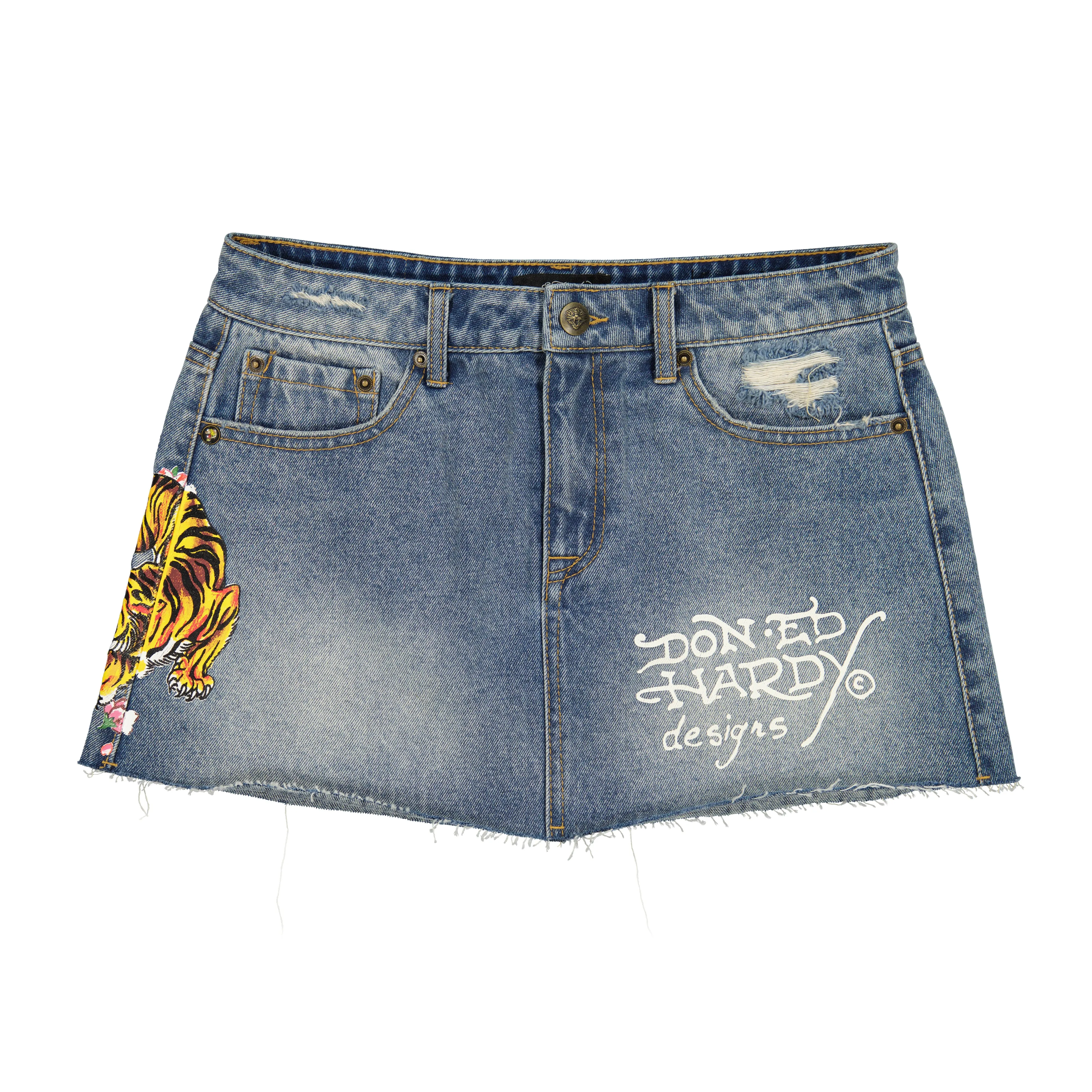 Tiger Flowers Denim Skirt sold by Ed Hardy
