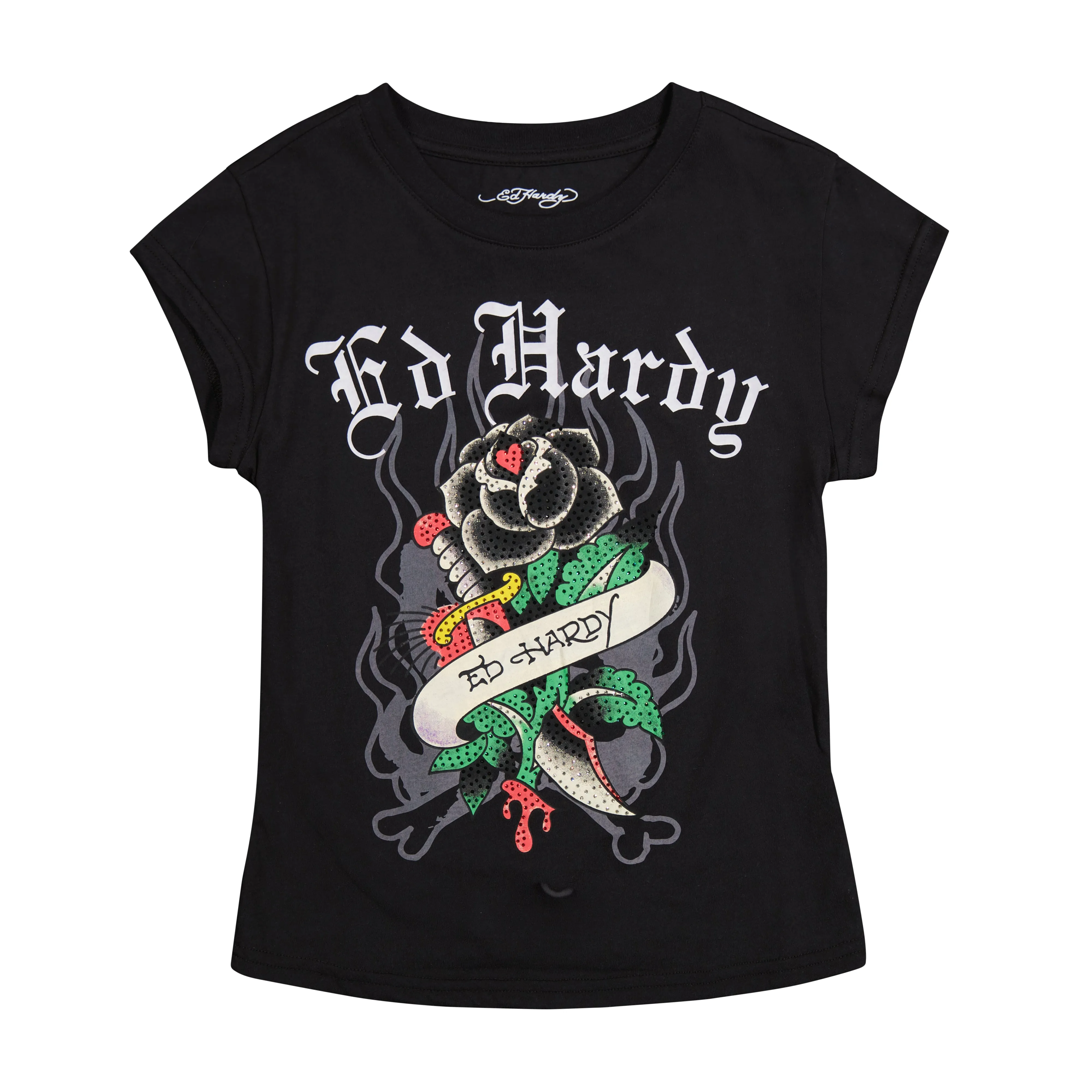 Black Rose Rhinestone Cap Sleeve Tee sold by Ed Hardy
