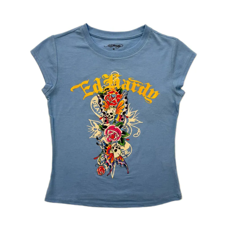 Flower Skulls Cap Sleeve Fitted Tee sold by Ed Hardy