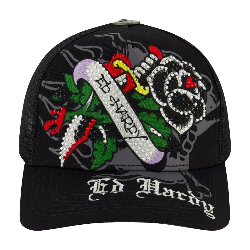 Black Rose Rhinestone Trucker Hat sold by Ed Hardy