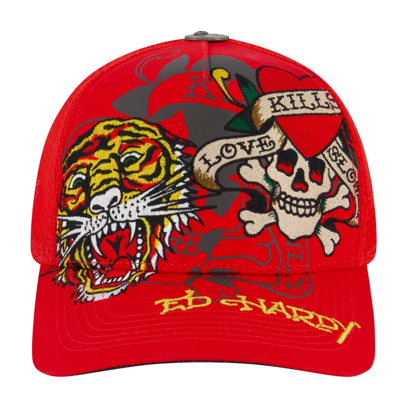 Tiger Skull Trucker Hat - Red sold by Ed Hardy