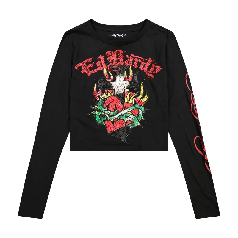 Cross Long Sleeve Rhinestone Crop Tee sold by Ed Hardy