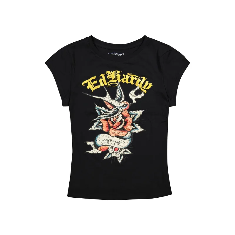 Swallow Rose Rhinestone Fitted Tee sold by Ed Hardy