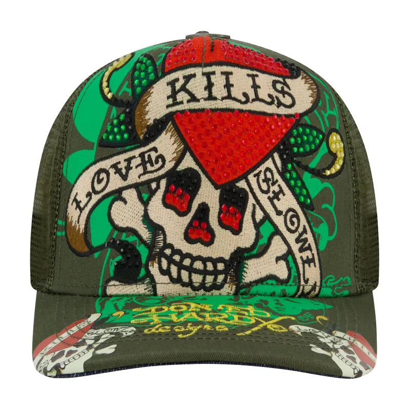 LKS Skull Rhinestone Trucker Hat - Olive sold by Ed Hardy