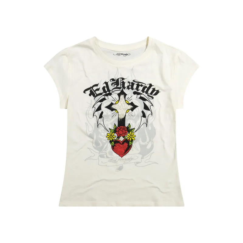 Cross Heart Rhinestone Fitted Tee made by Ed Hardy