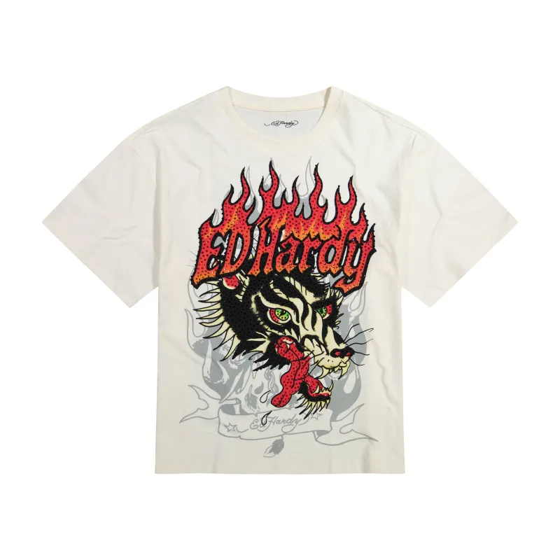 Wolf Head Rhinestone Boxy Tee made by Ed Hardy