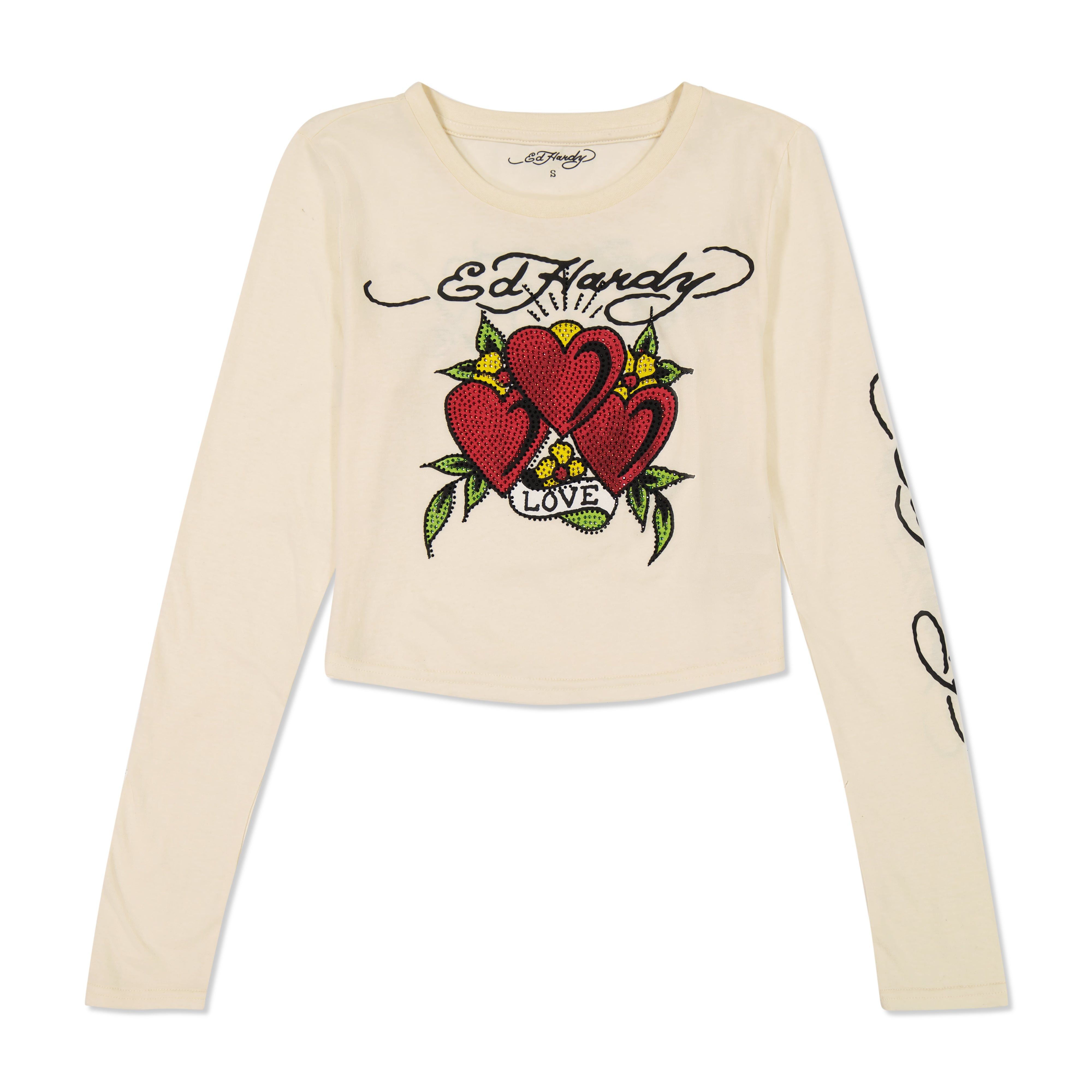 Rhinestone Long Sleeve Hearts Baby Tee sold by Ed Hardy