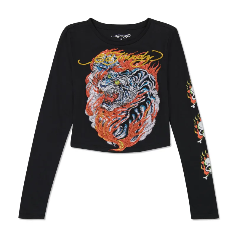 Rhinestone Flaming Tiger Long Sleeve Baby Tee sold by Ed Hardy