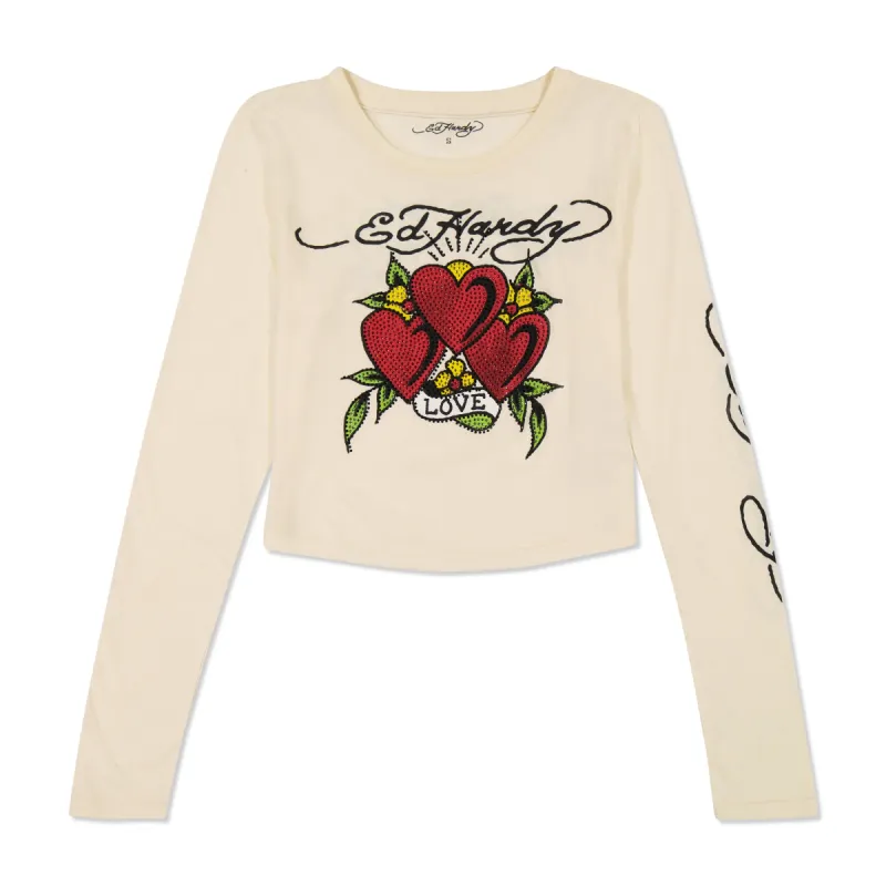 Rhinestone Hearts Long Sleeve Baby Tee sold by Ed Hardy