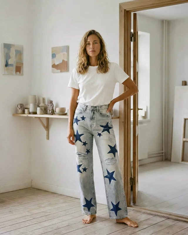 Kayla Relaxed Straight Jean || Foam - Blue Stars made by Edwin