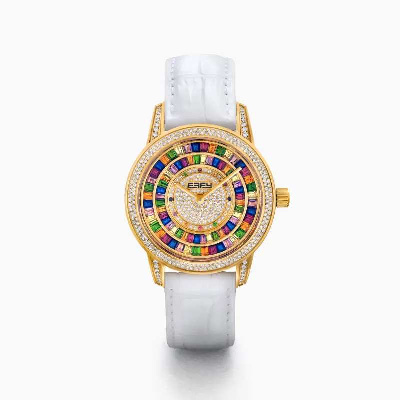38MM Swiss Made 18K Yellow Gold Watch with Diamonds and Rainbow Spinel sold by Effy