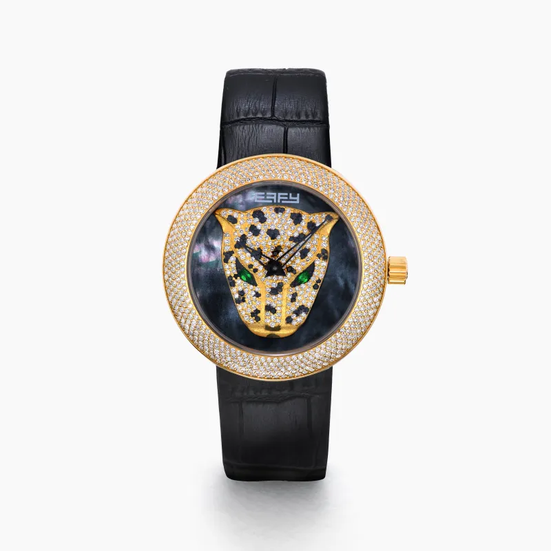 39MM Swiss Made 18K Yellow Gold Signature Round Panther Watch with Diamonds sold by Effy