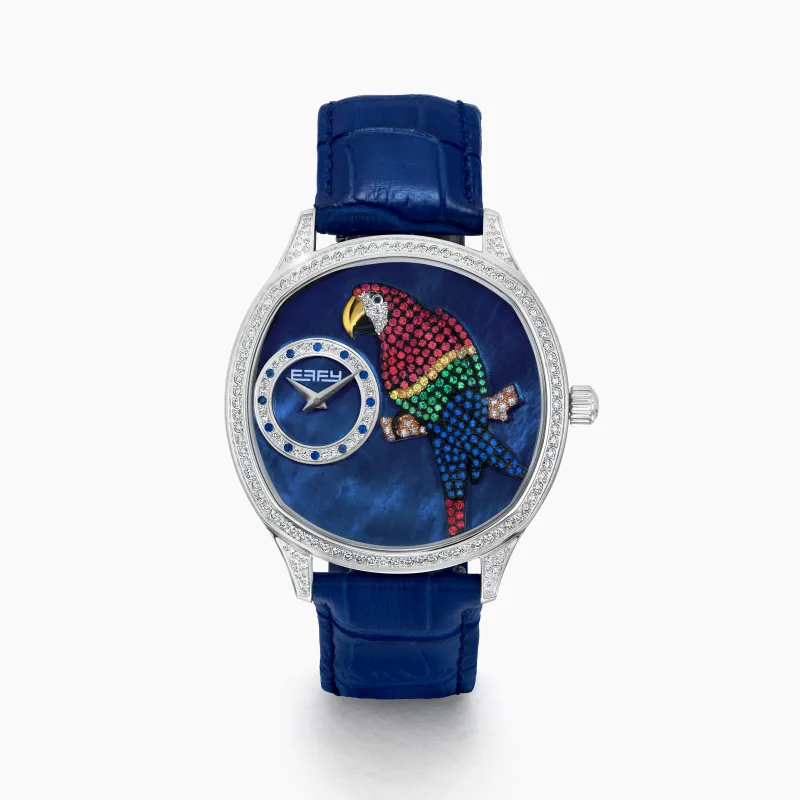 41MM Swiss Made Stainless Steel Parrot Watch with Diamonds, Emerald and Sapphire sold by Effy