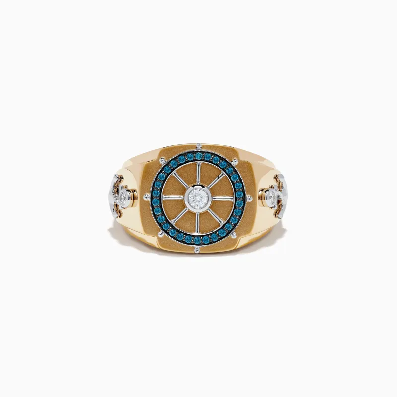 Men's 14K Gold Blue and White Diamond Ship's Wheel Ring sold by Effy