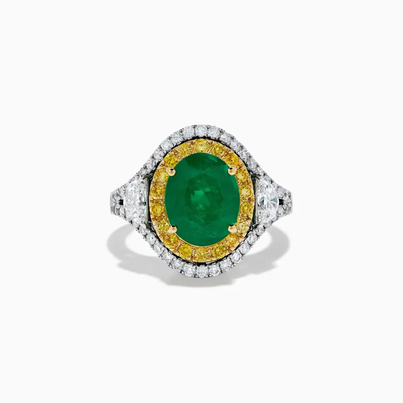 18K Gold Emerald, Yellow and White Diamond Double Halo Ring sold by Effy