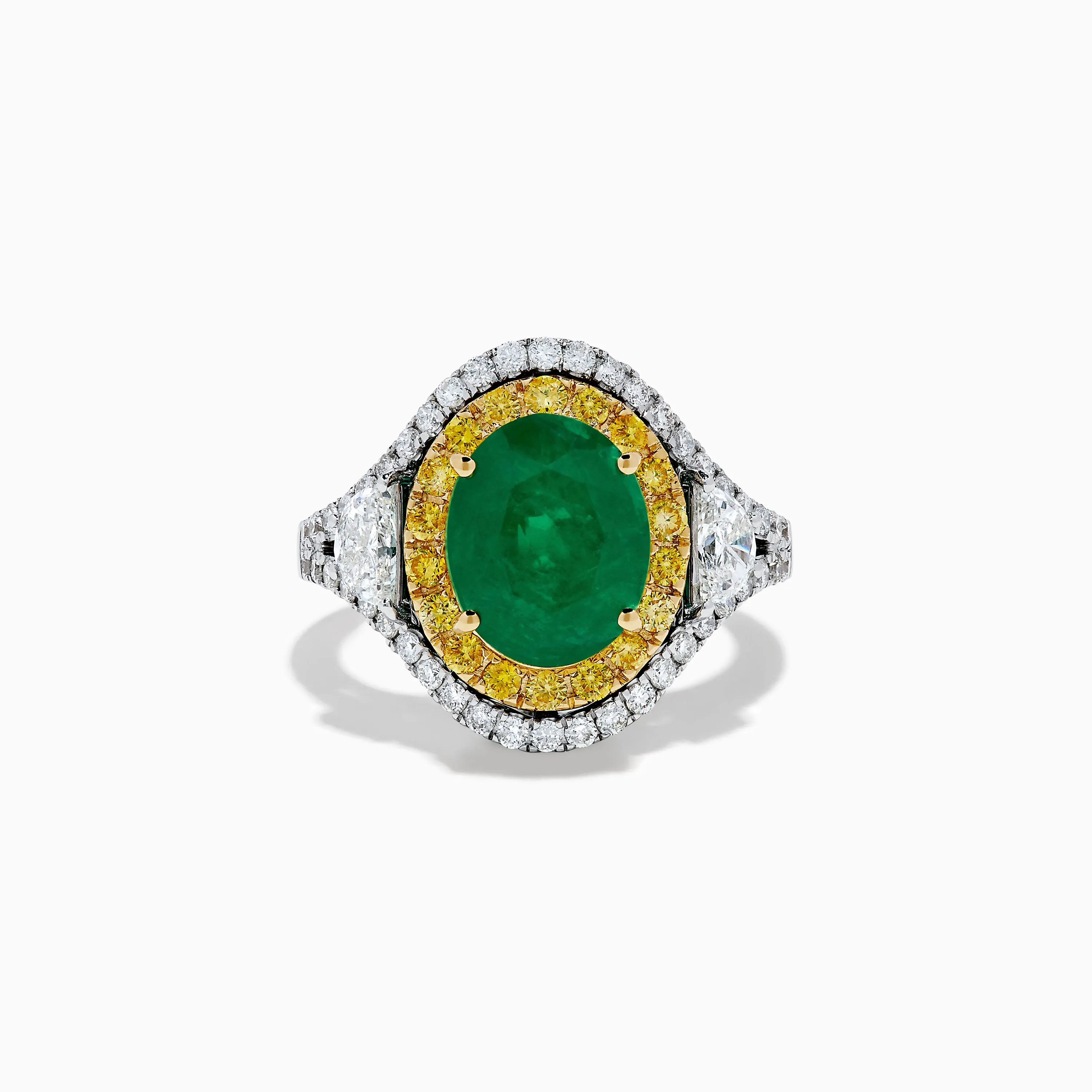 18K Gold Emerald, Yellow and White Diamond Double Halo Ring sold by Effy