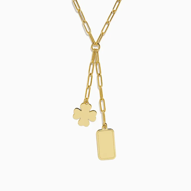 14K Yellow Gold Paperclip Dog Tag and Clover Lariat Necklace sold by Effy