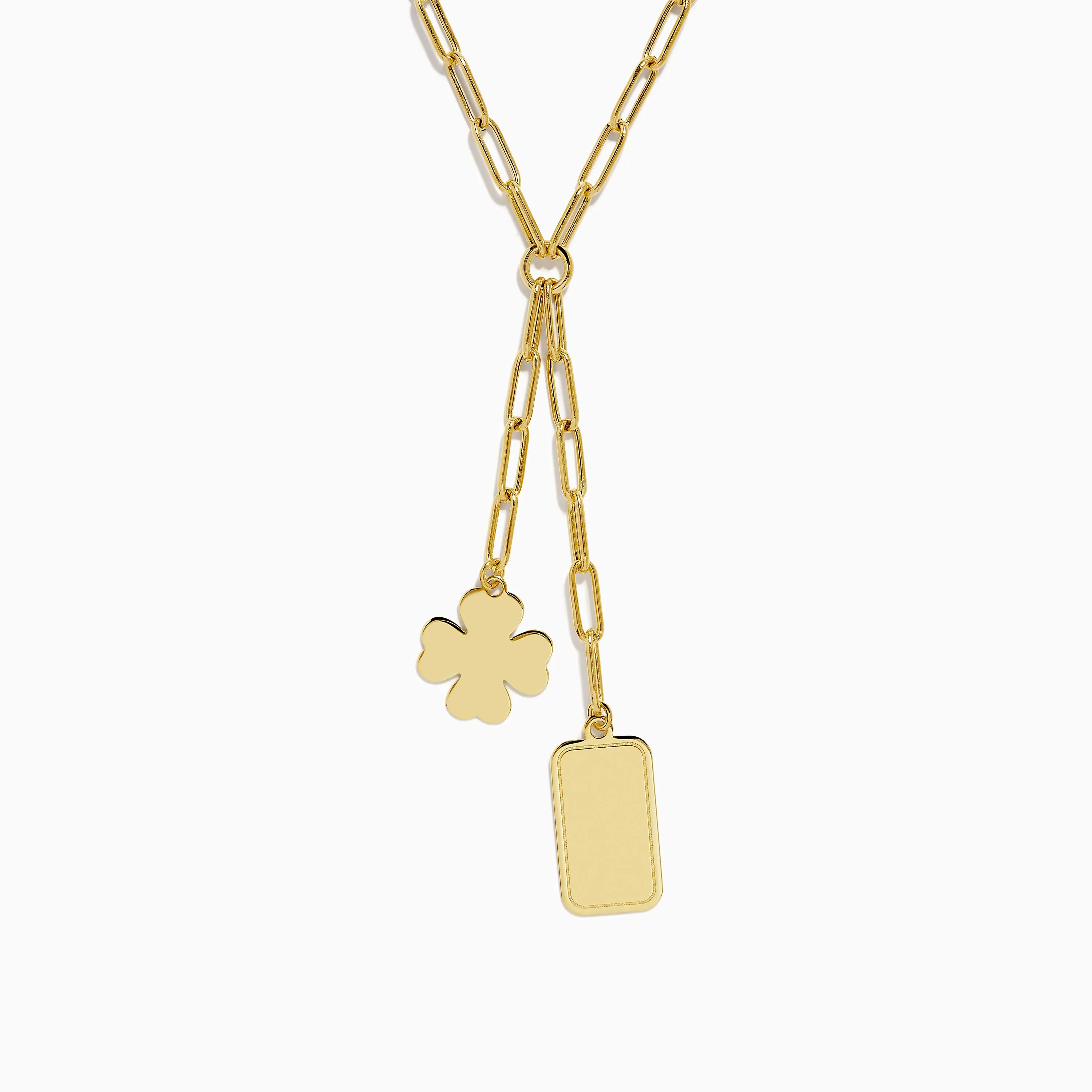 14K Yellow Gold Paperclip Dog Tag and Clover Lariat Necklace sold by Effy