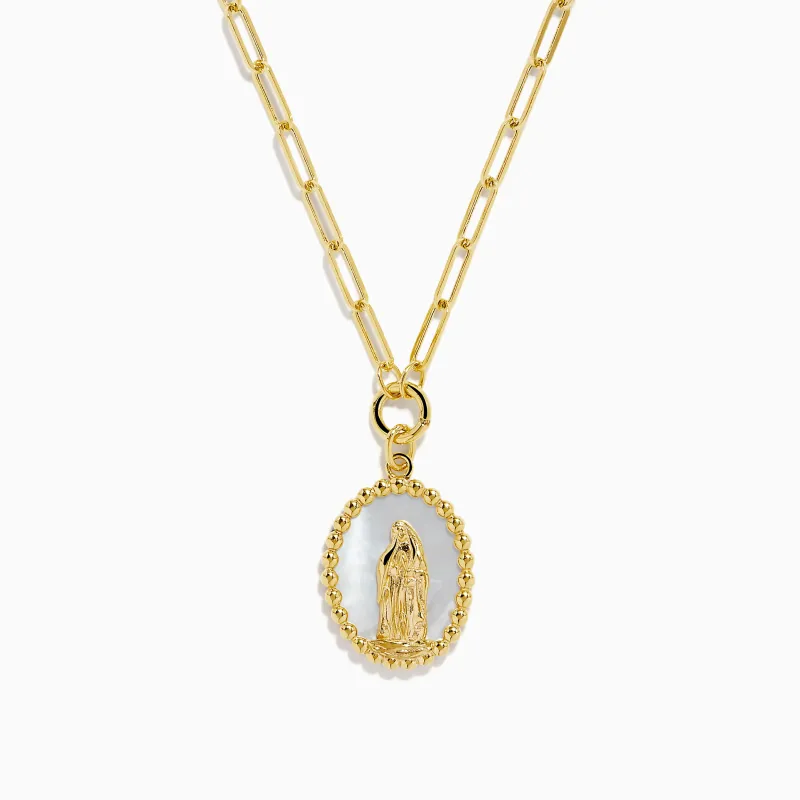 14K Yellow Gold Guadalupe Mother of Pearl Medal on Paperclip Chain Necklace sold by Effy