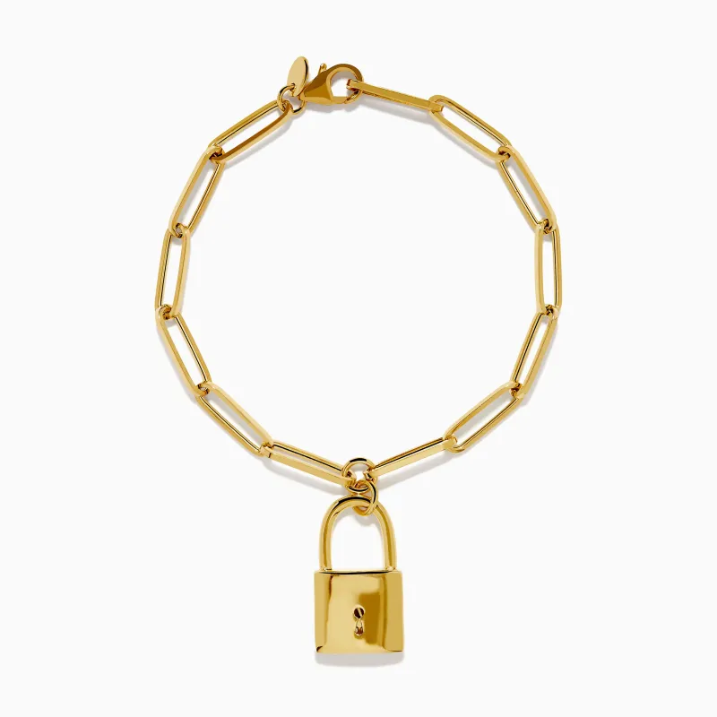 14K Yellow Gold with Dangle Padlock on Paperclip Bracelet sold by Effy