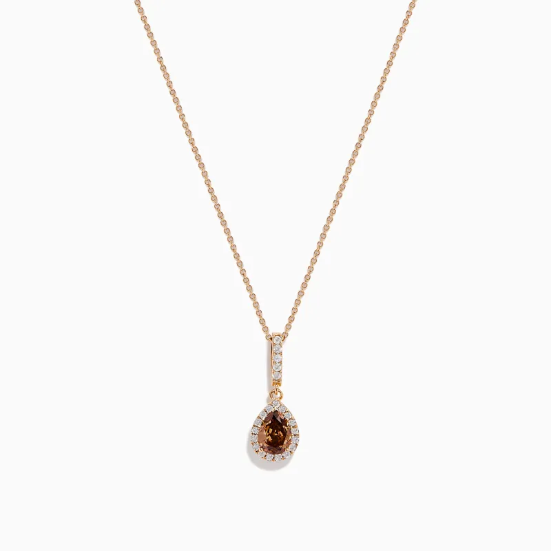 14K Rose Gold Pear Halo Brown and White Diamond Pendant sold by Effy