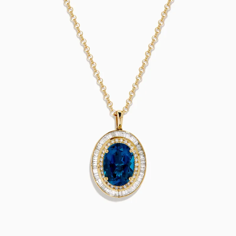 14K Yellow Gold Blue Topaz and Diamond Double Halo Pendant sold by Effy
