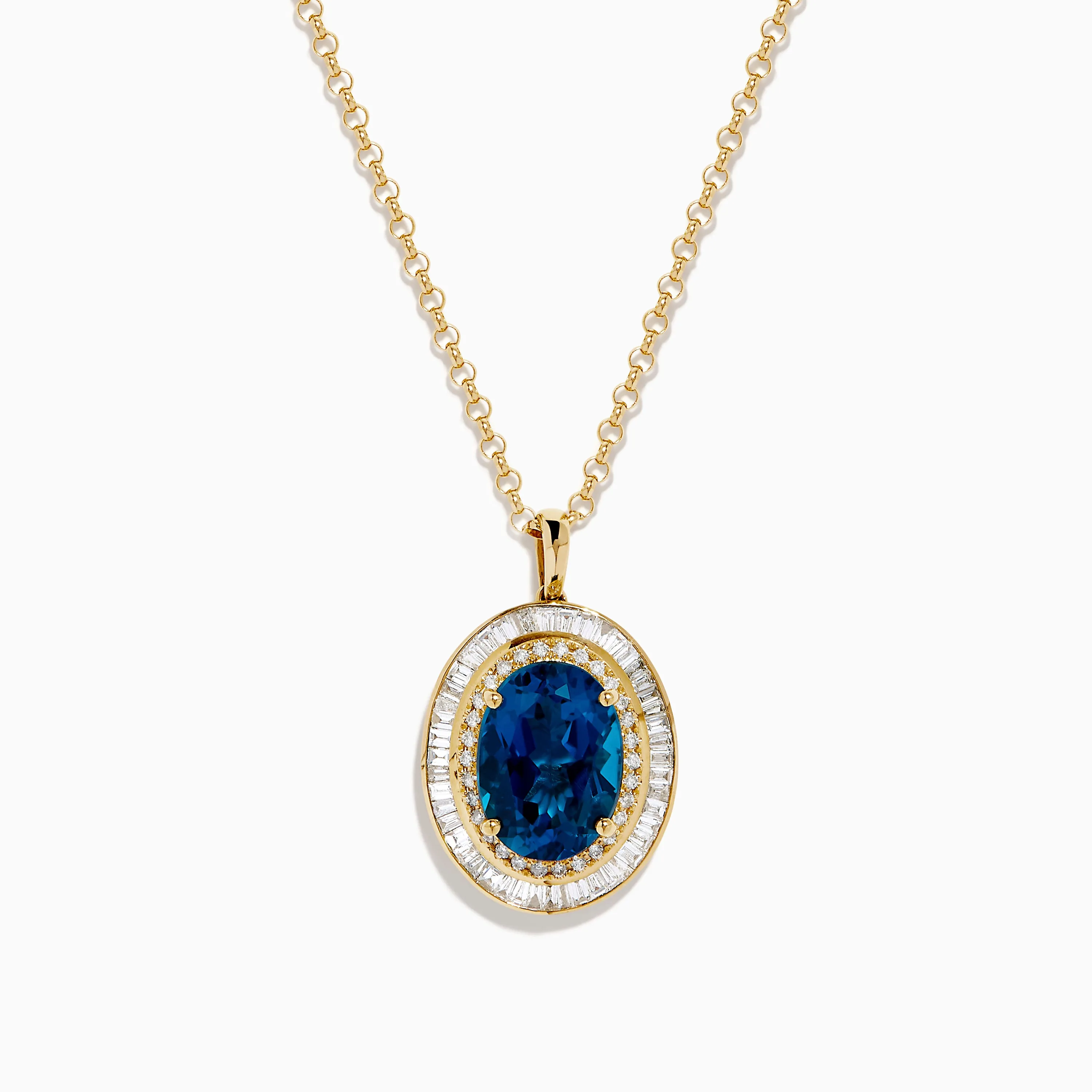 14K Yellow Gold Blue Topaz and Diamond Double Halo Pendant sold by Effy