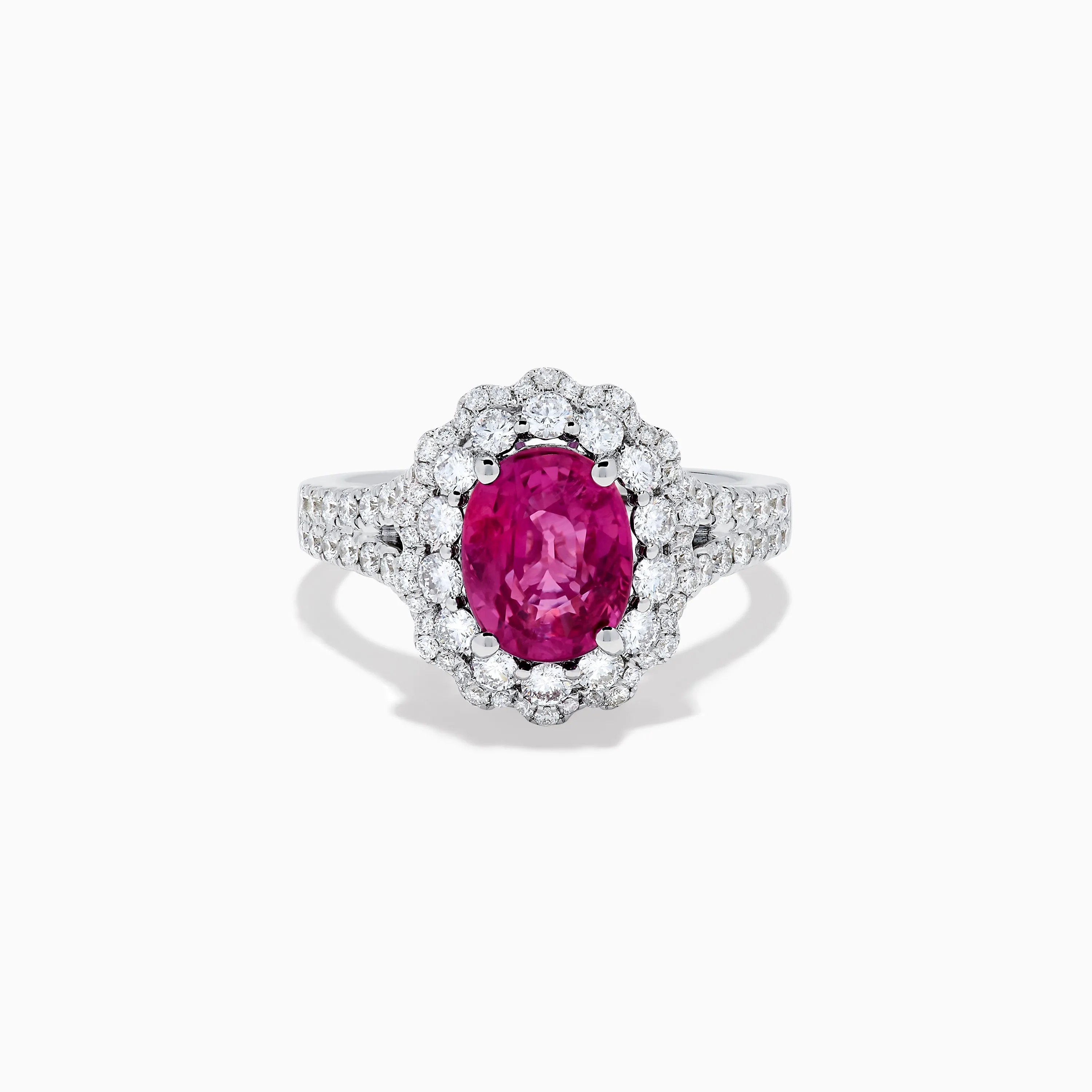 18K White Gold Pink Sapphire and Diamond Halo Ring sold by Effy
