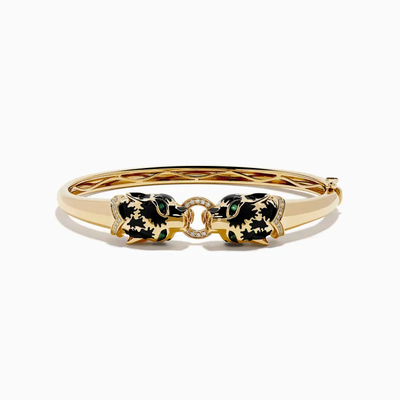 Signature 14K Yellow Gold Diamond and Emerald Panther Bangle sold by Effy