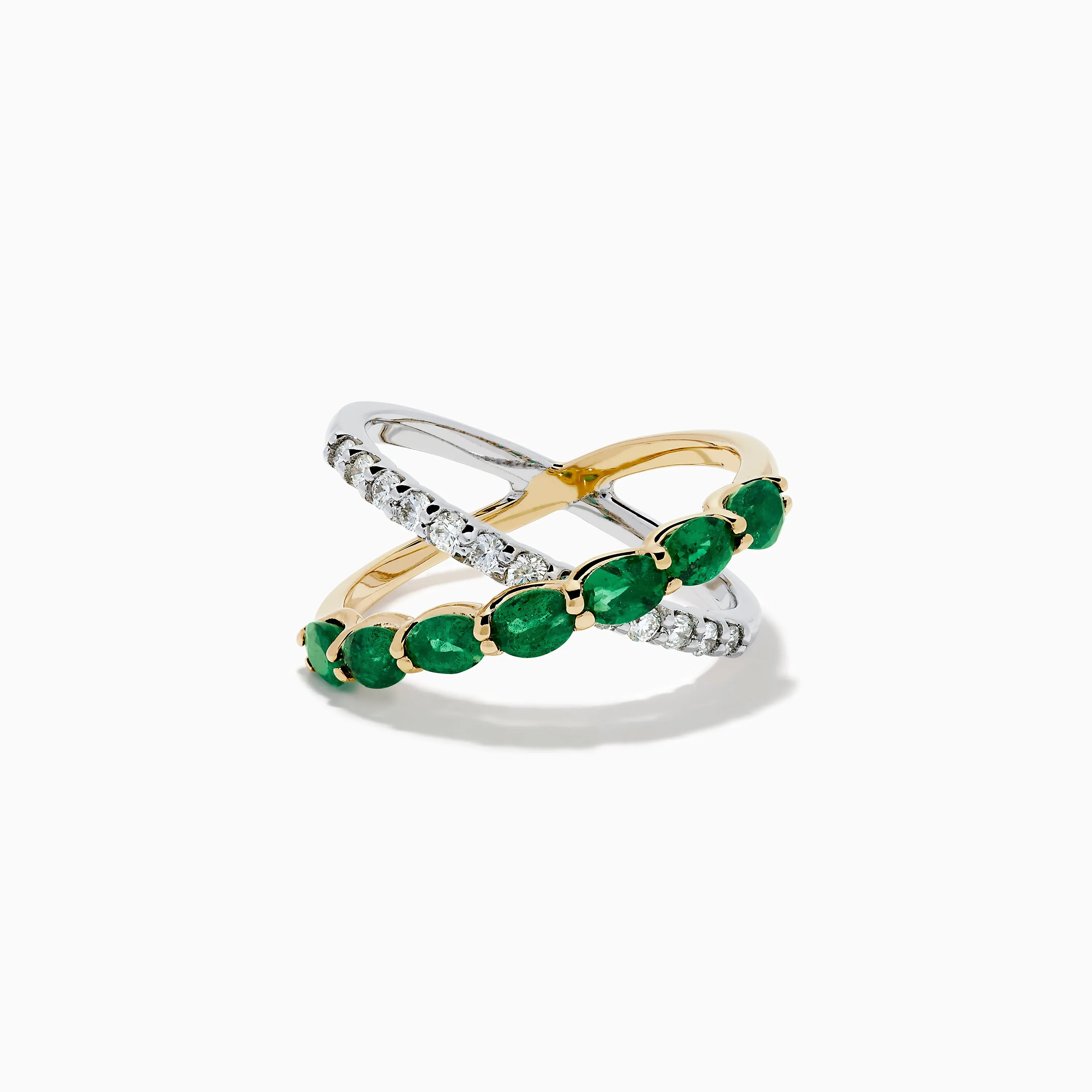 14K Two Tone Gold Emerald and Diamond Criss Cross Ring sold by Effy