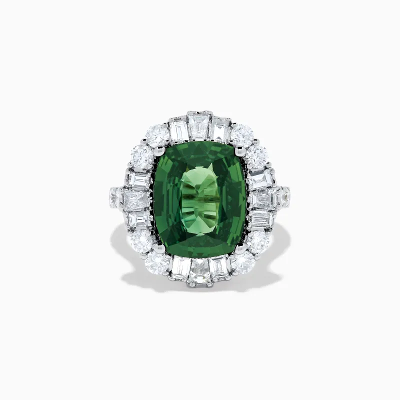 18K White Gold Green Sapphire and Diamond Halo Ring sold by Effy