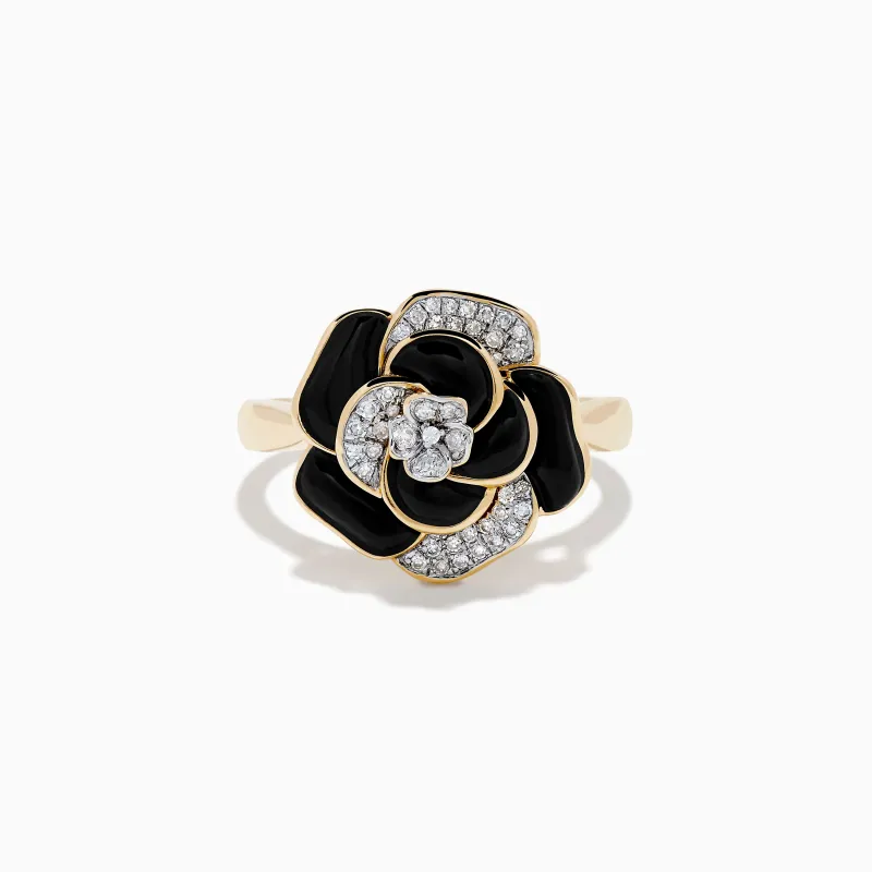 Eclipse 14K Yellow Gold Onyx and Diamond Flower Ring sold by Effy