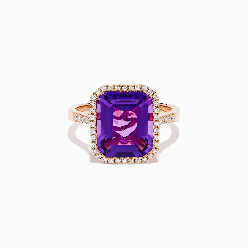 14K Rose Gold Amethyst and Diamond Halo Ring sold by Effy