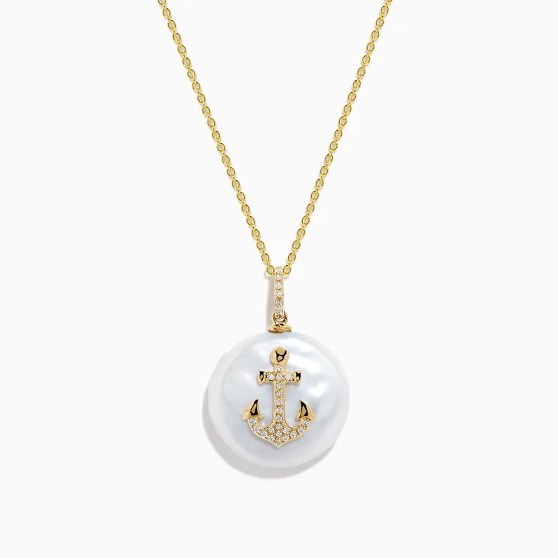 14K Yellow Gold Fresh Water Pearl and Diamond Anchor Pendant sold by Effy