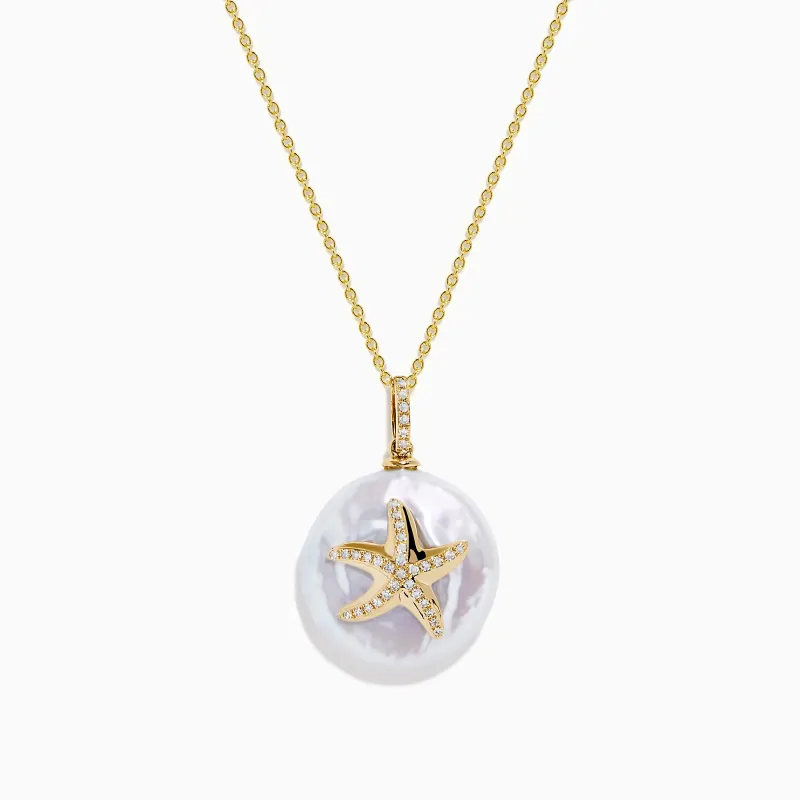 14K Yellow Gold Fresh Water Pearl and Diamond Starfish Pendant sold by Effy