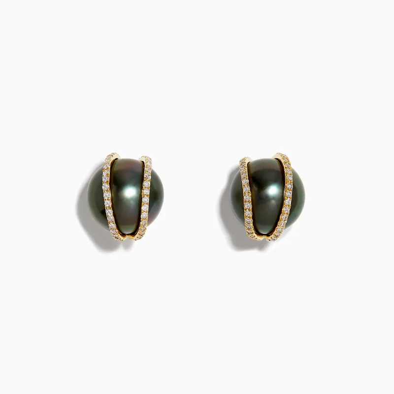 14K Yellow Gold Black Tahitian Pearl and Diamond Earrings sold by Effy
