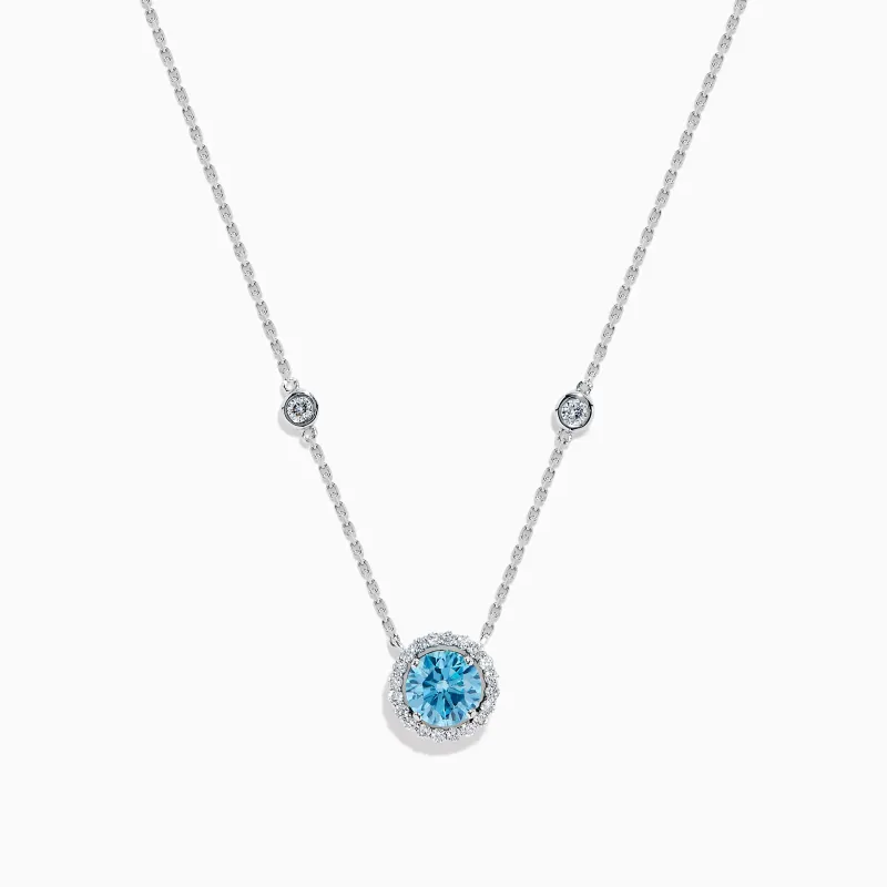 Lab Grown Blue and White Diamond Halo Necklace in 14K White Gold sold by Effy