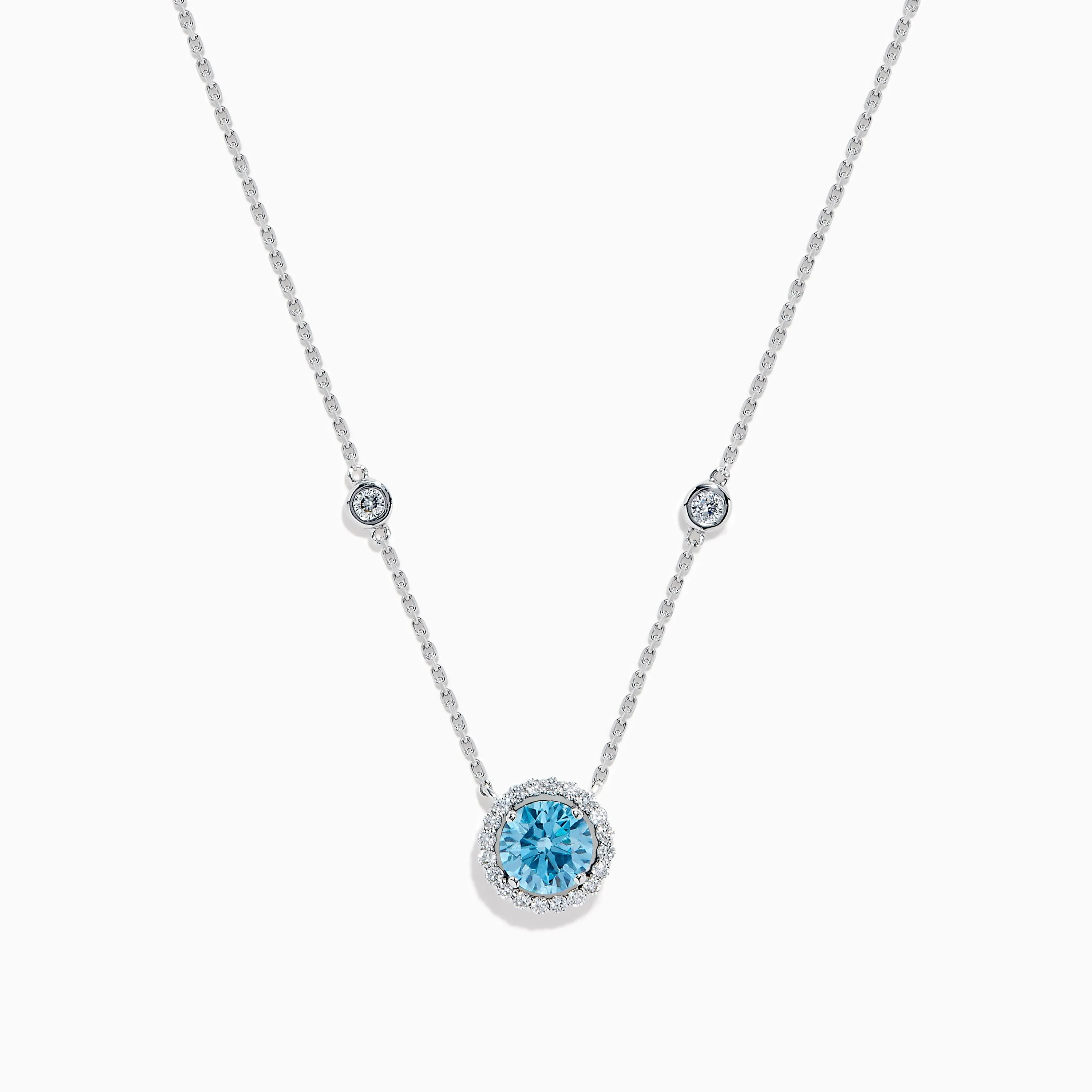 Lab Grown Blue and White Diamond Halo Necklace in 14K White Gold sold by Effy
