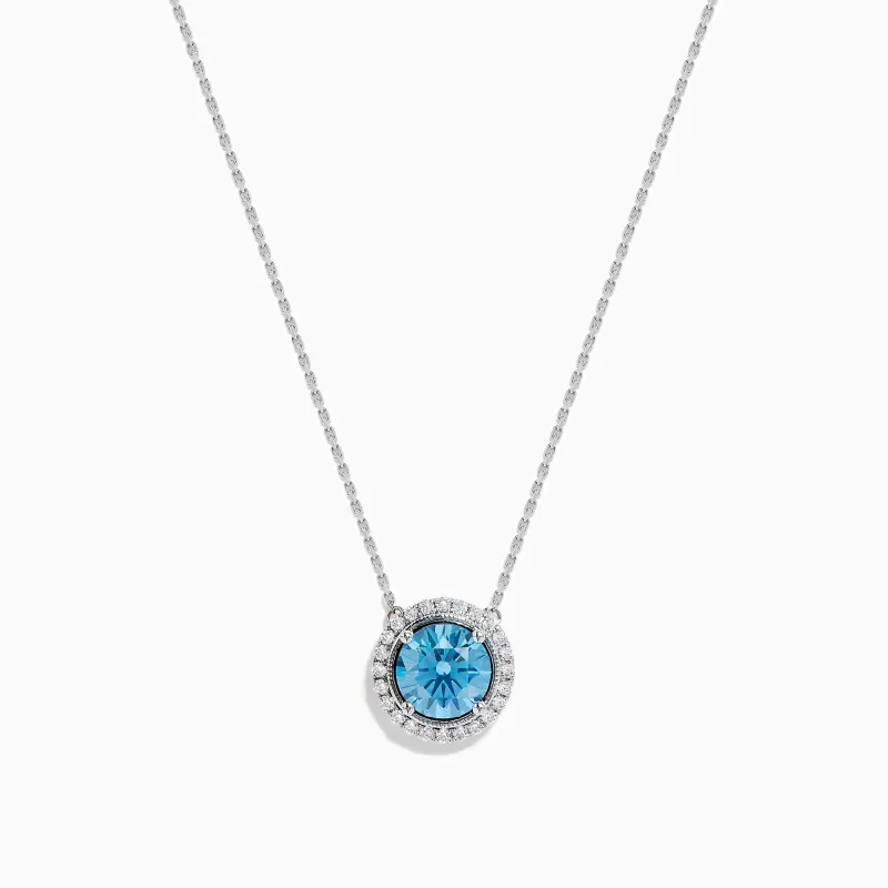 Lab Grown Blue and White Diamond Halo Necklace in 14K White Gold sold by Effy