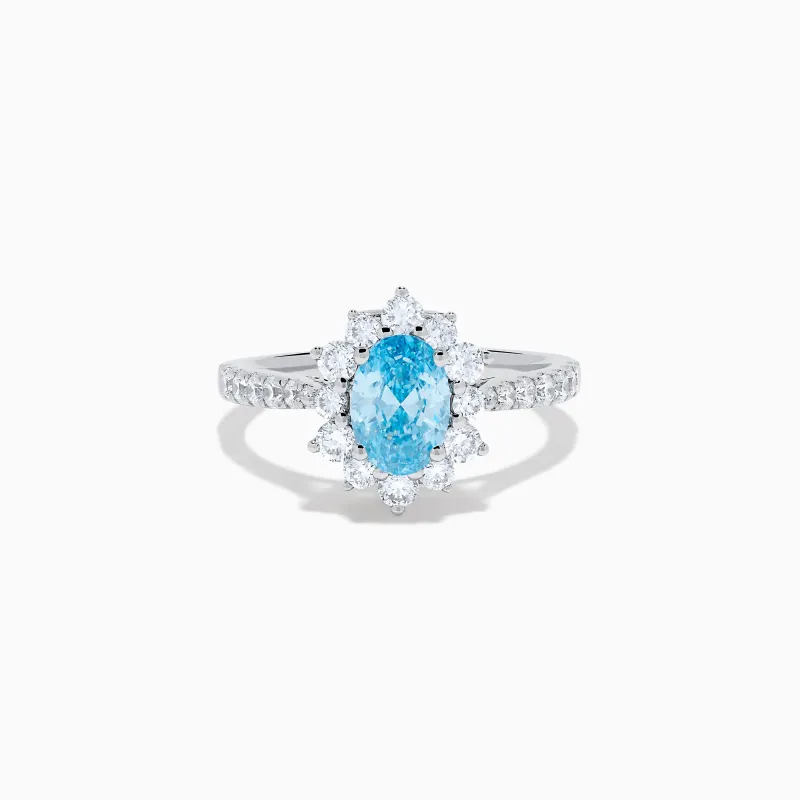 Lab Grown Blue and White Diamond Halo Ring in 14K White Gold sold by Effy