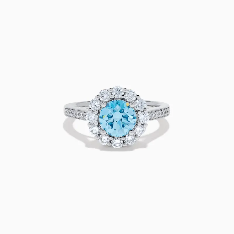 Lab Grown Blue and White Diamond Halo Ring in 14K White Gold sold by Effy