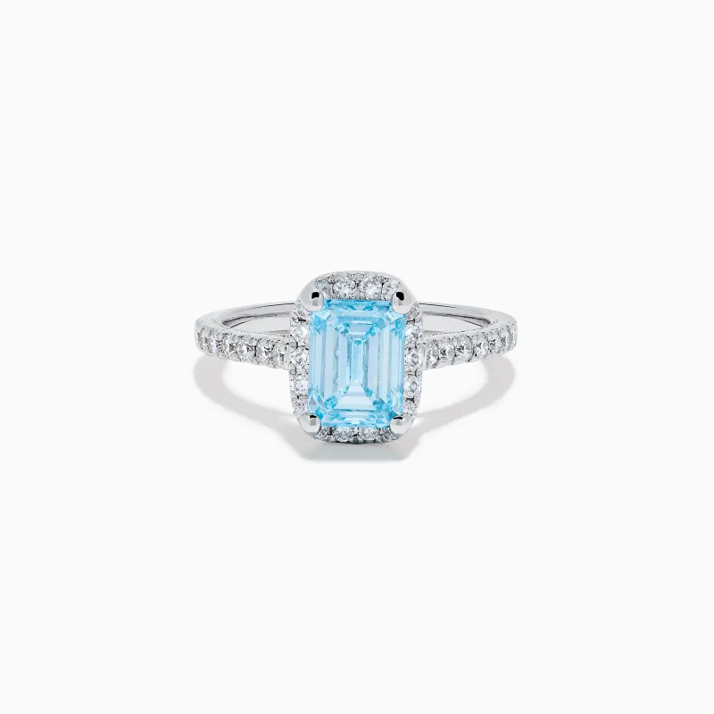 Lab Grown Blue and White Diamond Halo Ring in 14K White Gold sold by Effy