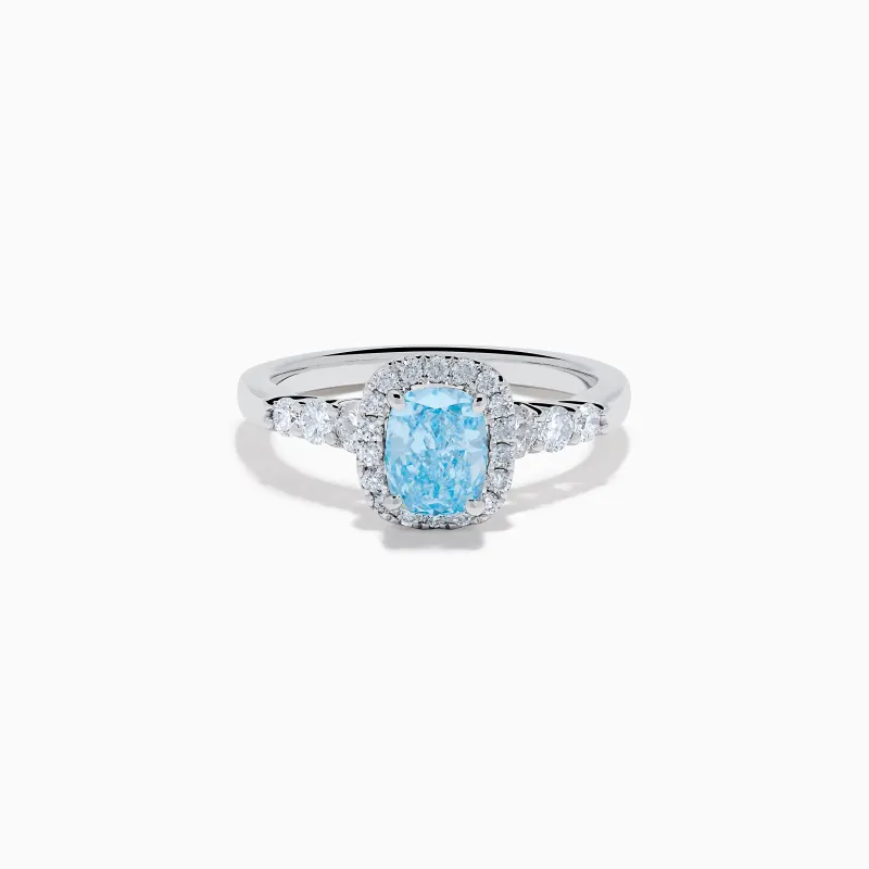 Lab Grown Blue and White Diamond Halo Ring in 14K White Gold sold by Effy