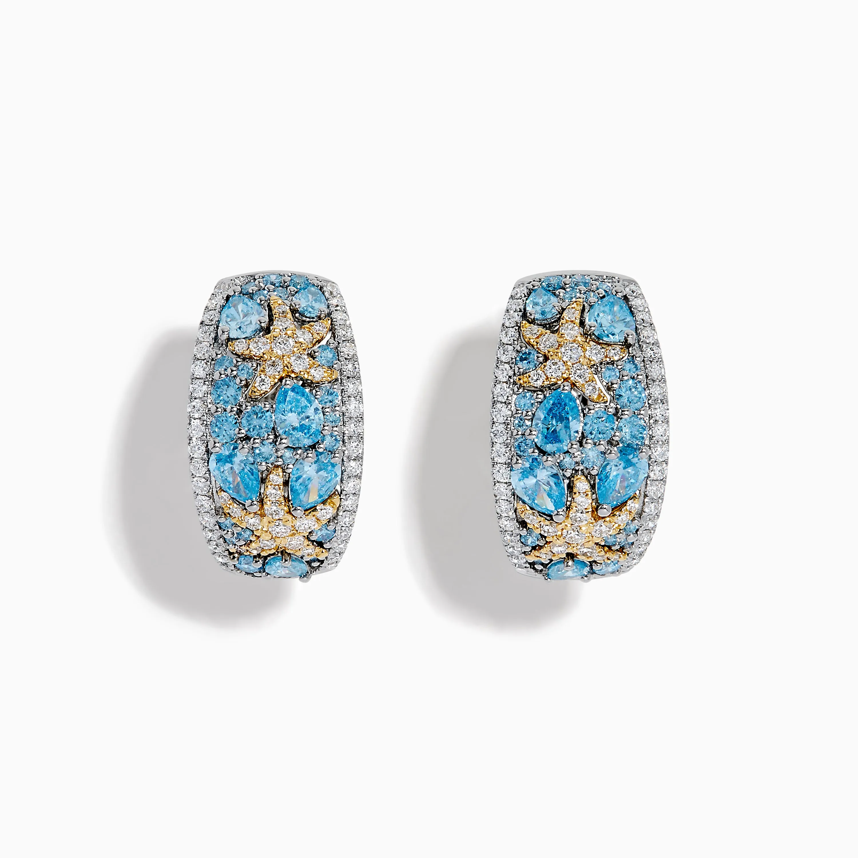 Lab Grown Blue Diamond Star Fish Hoop Earrings in 14K Two Tone Gold sold by Effy