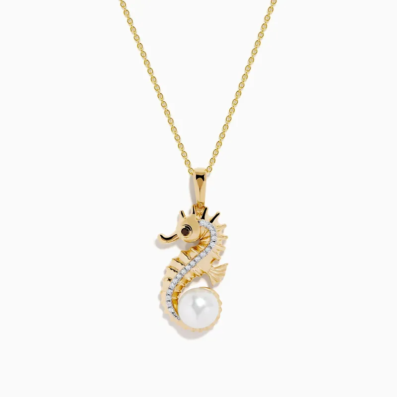 Novelty 14K Yellow Gold Pearl, White and Black Diamond Sea Horse Pendant sold by Effy
